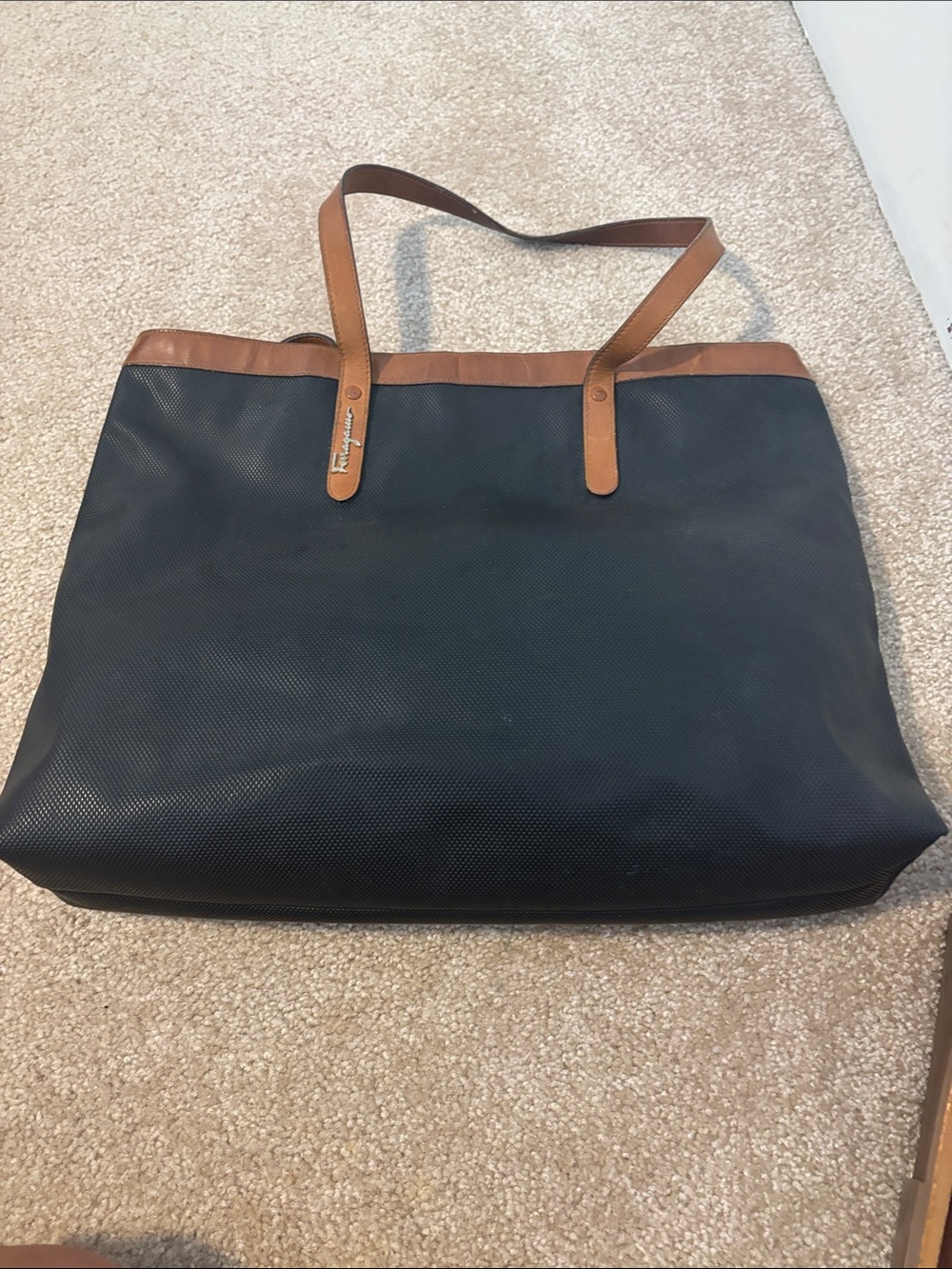 Vintage Salvatore Ferragamo Black Tote with Brown Leather Trim and Straps.